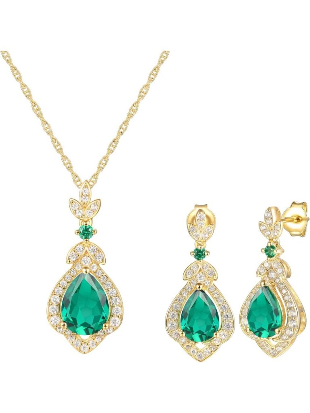 Emerald Pendant Necklace & Drop Earrings Set - Created Emerald & White Sapphire